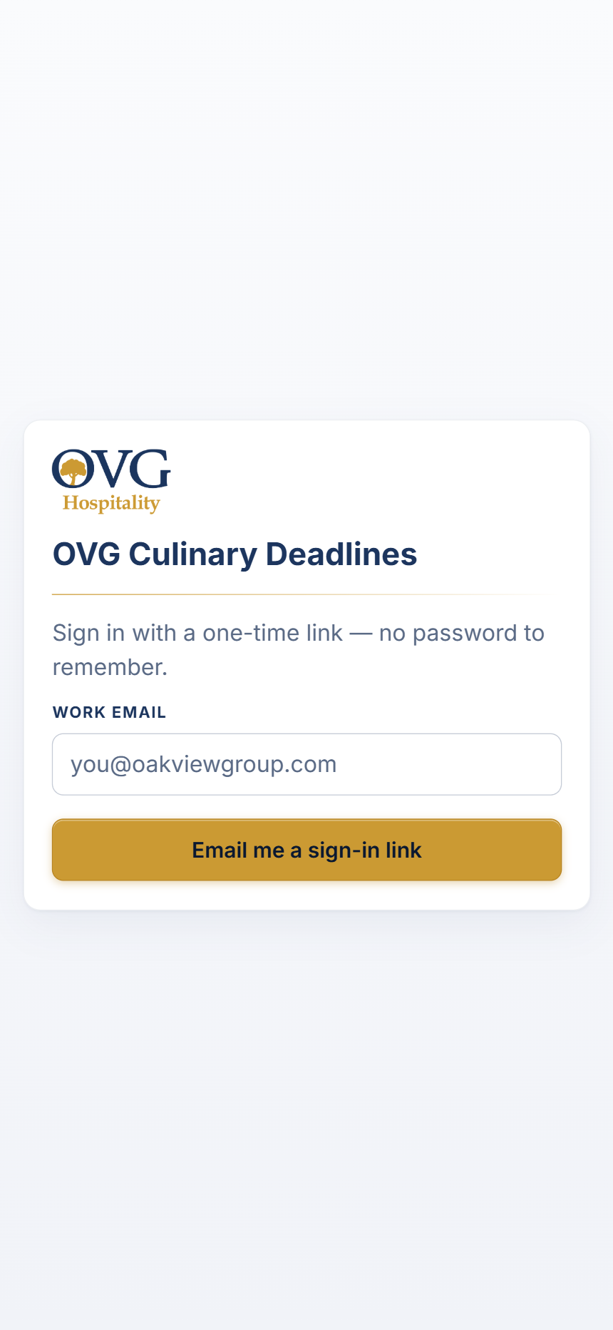 The sign-in screen with a work email box and a gold Email me a sign-in link button
