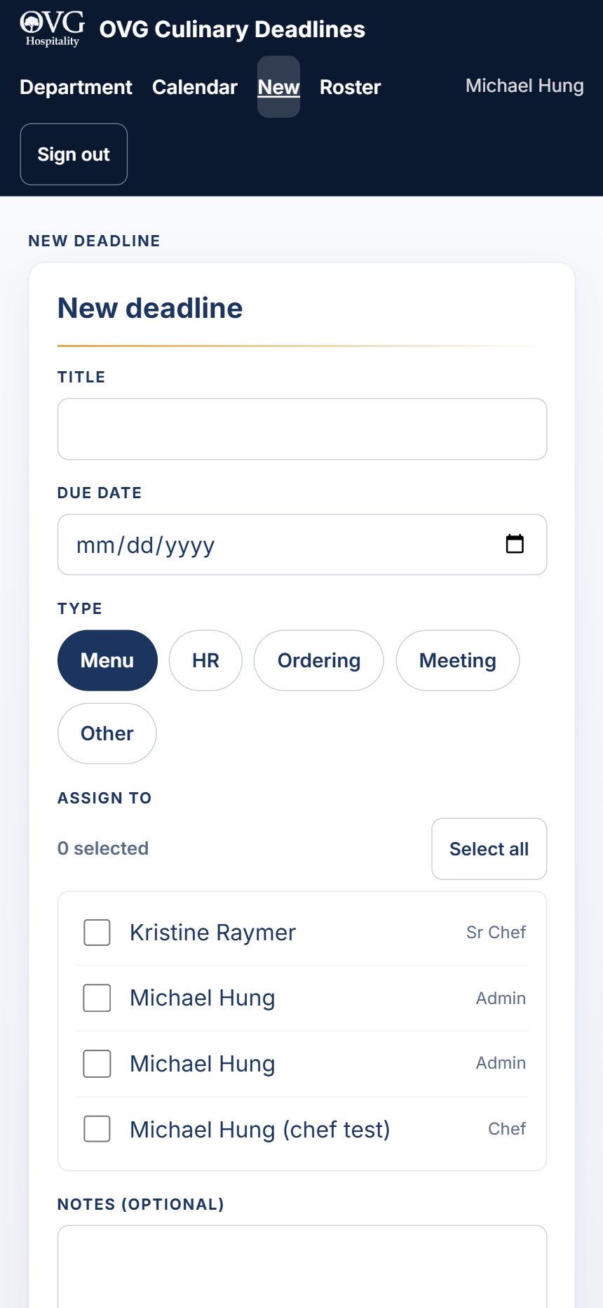 The new deadline form with title, due date, type buttons and an assign-to list