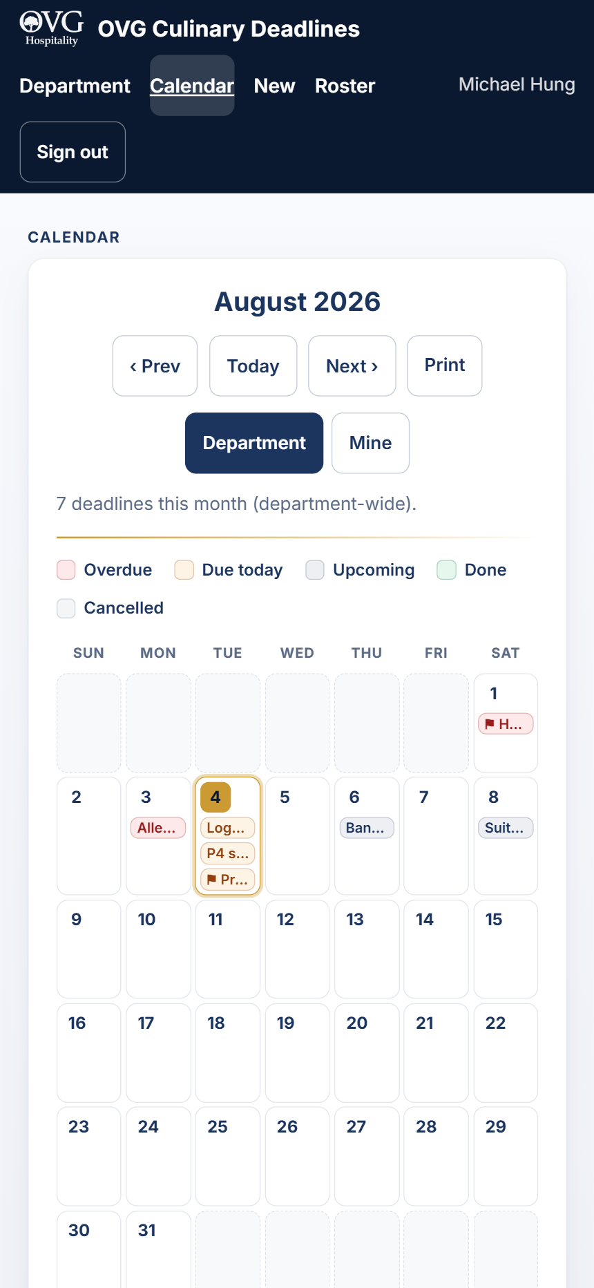 Month calendar with colour-coded deadline chips on each day
