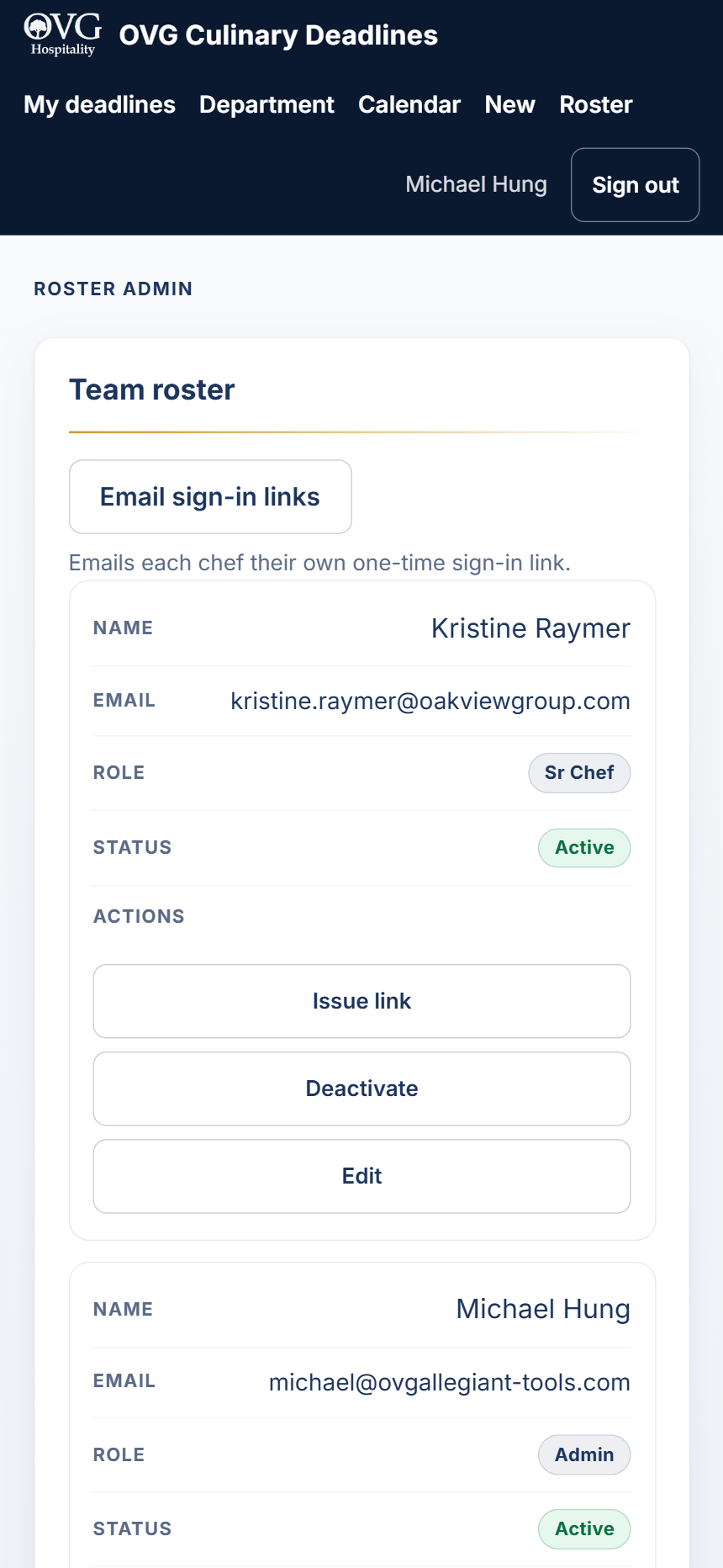 The roster listing people with their email, role and status