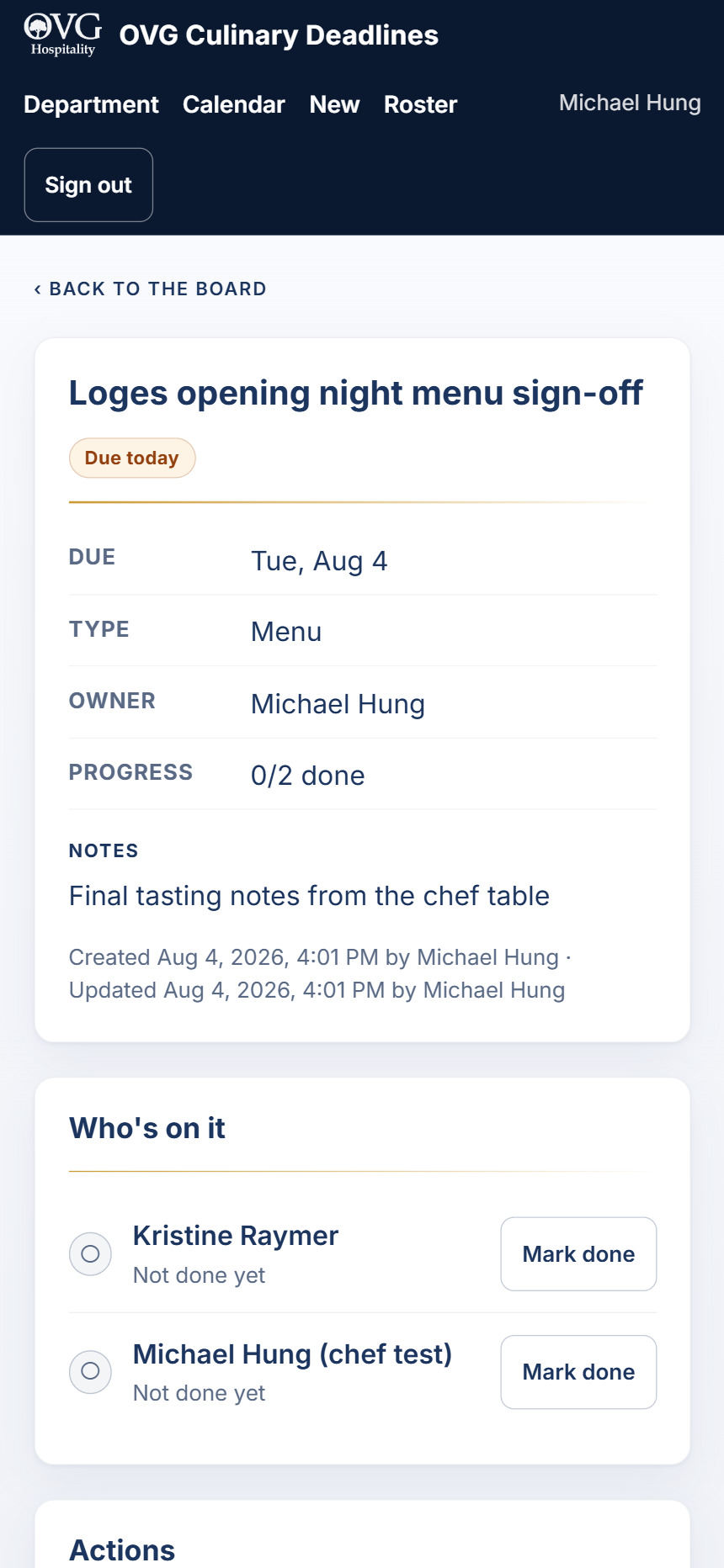 A single deadline showing due date, type, owner, progress, notes and who is on it